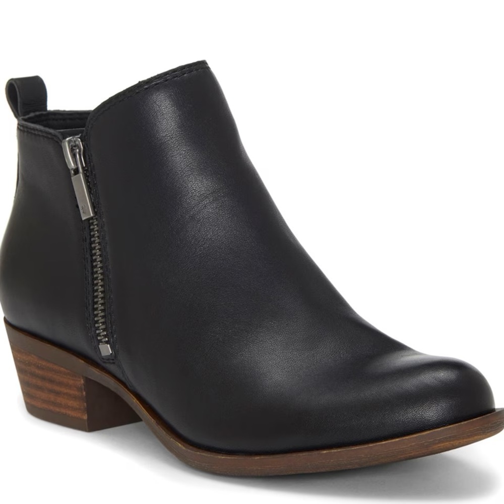 Lucky Brand Basel Bootie Ankle Boot Black Size 8 Leather  wooden heel